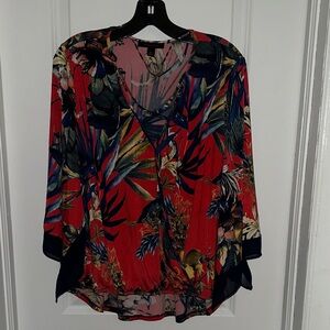Floral V-Neck Red Blouse - Women's Top